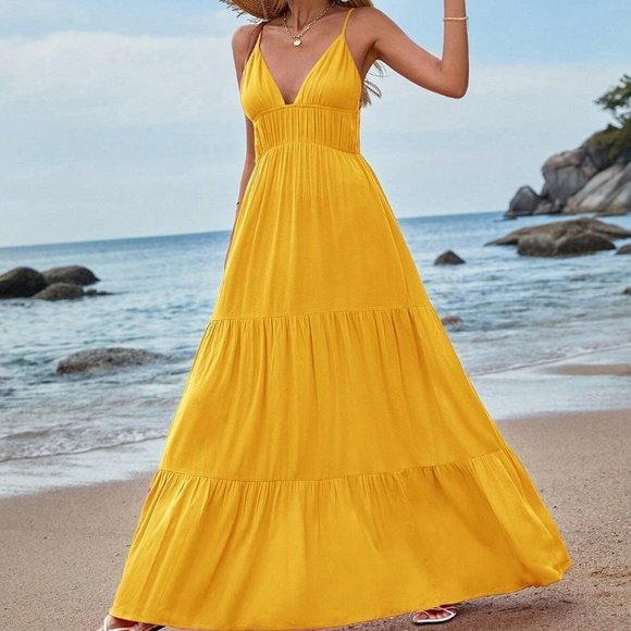 . Dresses & Skirts - Yellow Boho Womens Ruffle Hem Maxi Cami Dress